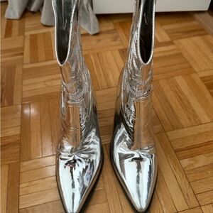 Silver Pointed Toe Women's Ankle Boots - Metallic Fashion Boots